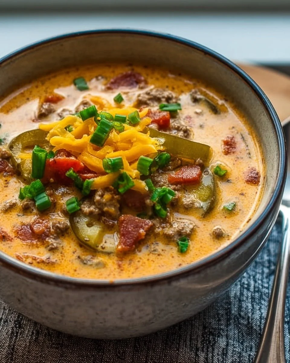 Bowl of Keto Cheeseburger Soup garnished with cheese and herbs