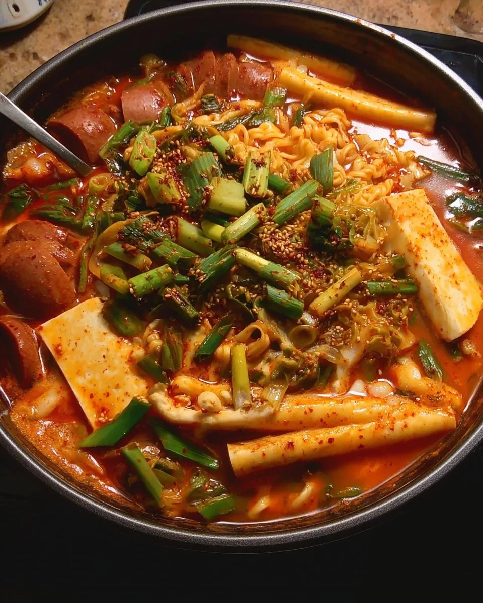 A bowl of Korean Army Stew filled with ingredients like kimchi, noodles, and sausage