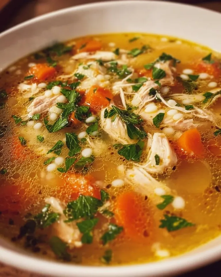 Bowl of homemade leftover turkey soup with vegetables and herbs
