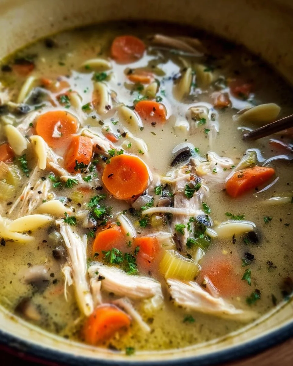 A bowl of flavorful leftover turkey soup garnished with herbs.