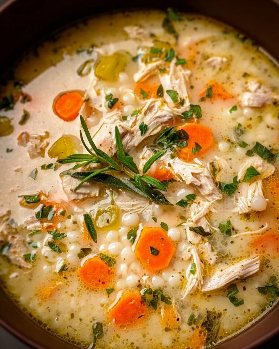 Delicious leftover turkey soup in a bowl topped with fresh herbs.