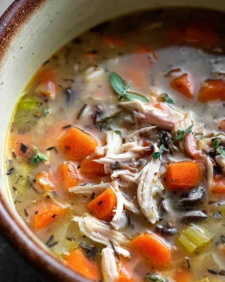 Bowl of delicious leftover turkey soup garnished with herbs