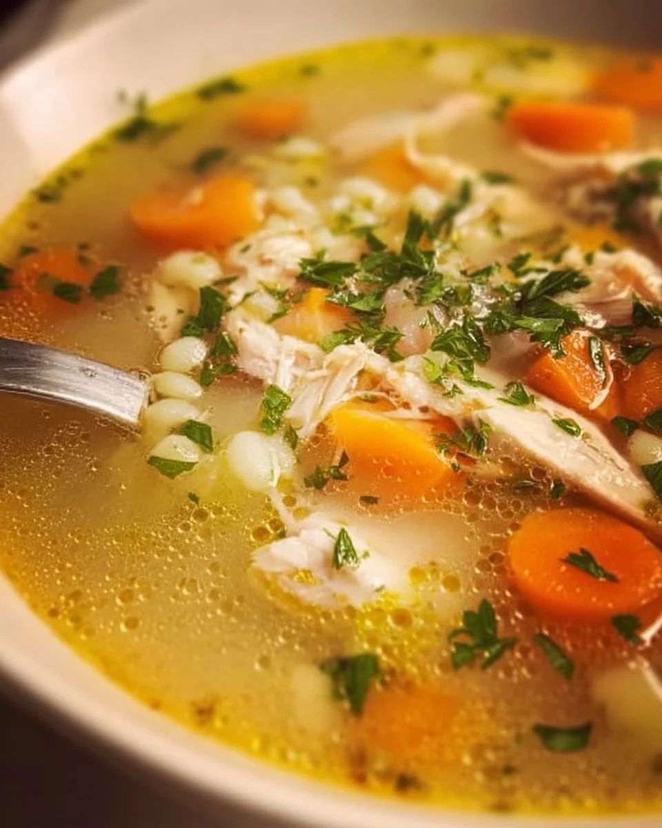 Bowl of steaming leftover turkey soup garnished with herbs