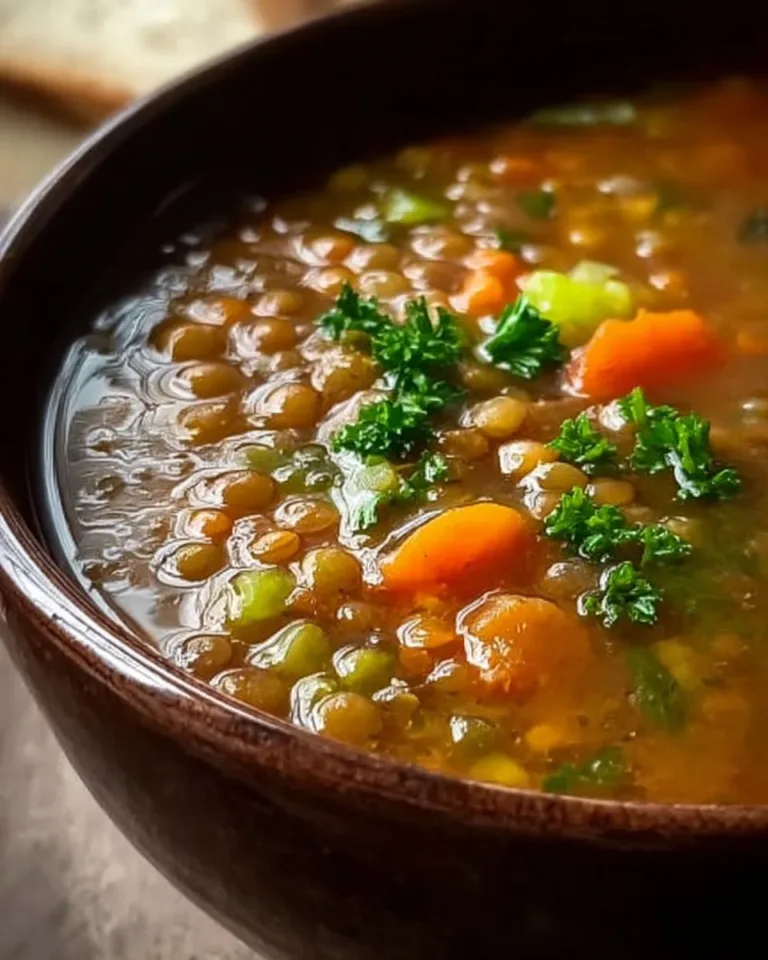 A steaming bowl of homemade lentil soup with fresh herbs and vegetables.