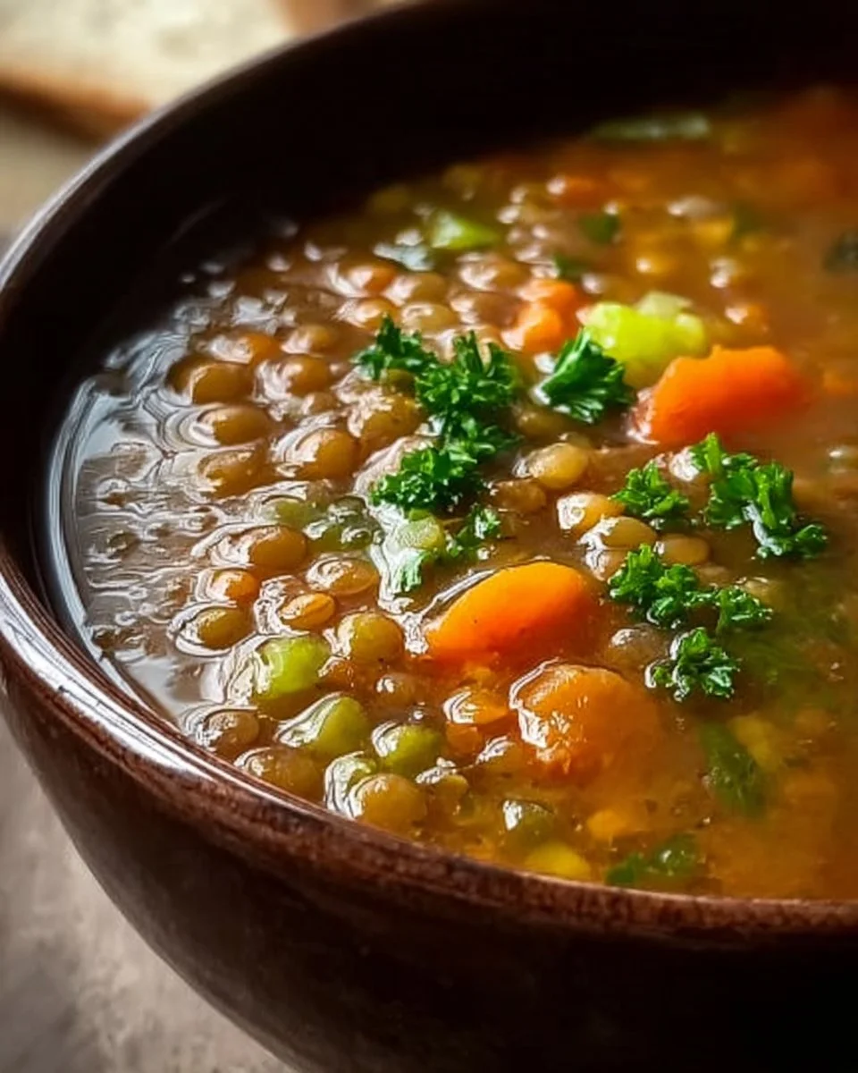 A steaming bowl of homemade lentil soup with fresh herbs and vegetables.