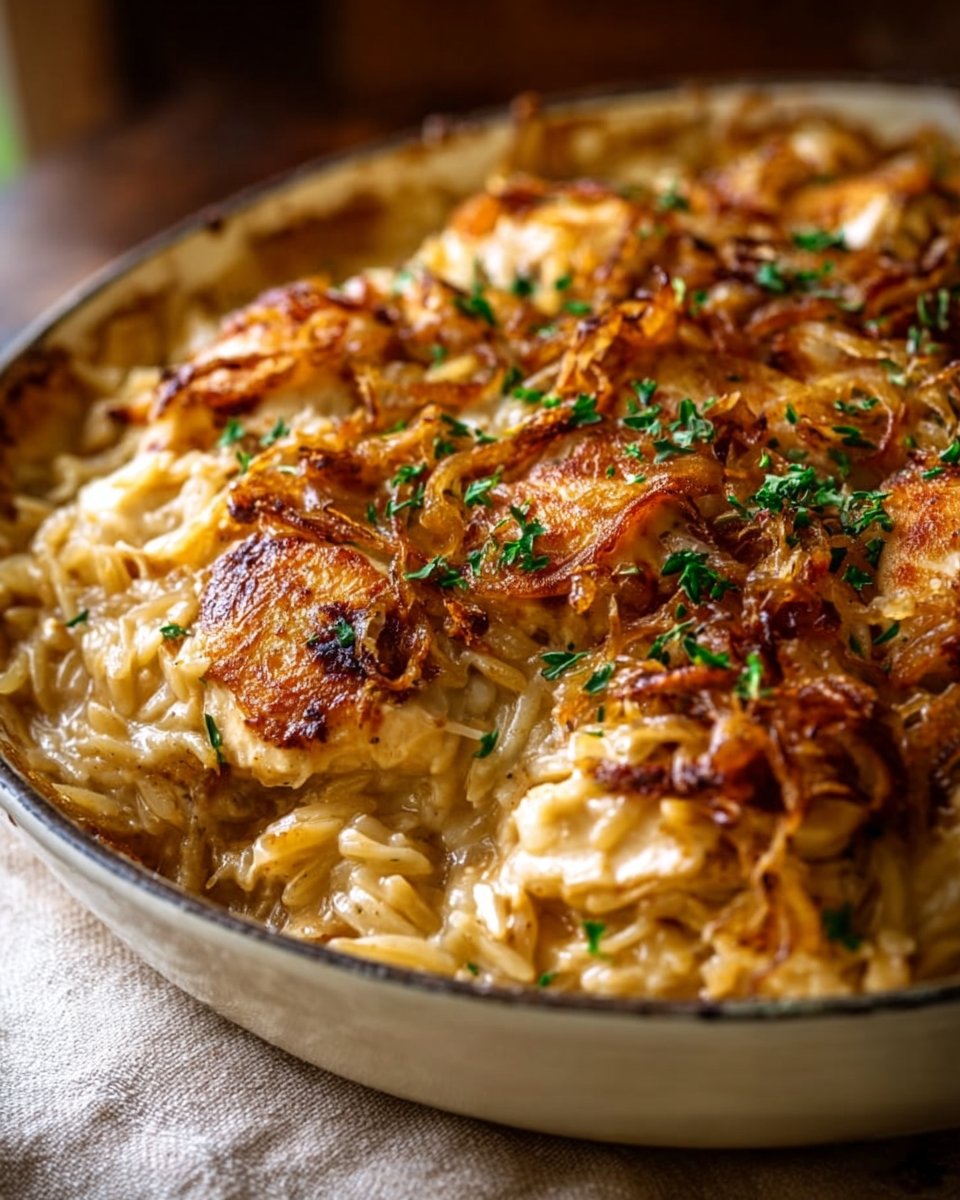 French Onion Chicken Orzo Casserole