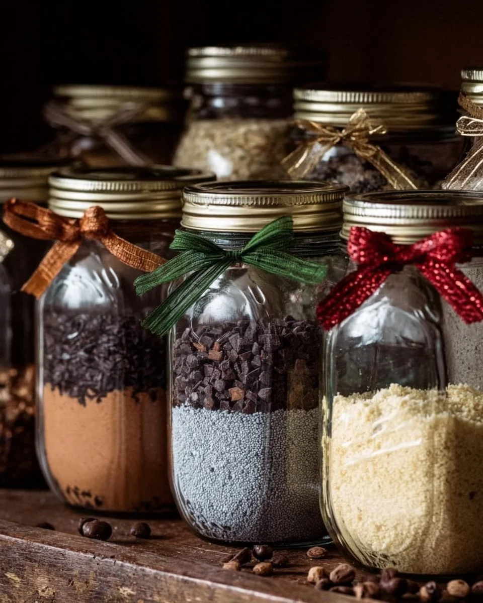 Mason jars filled with assorted dry food mixes for easy meal preparation
