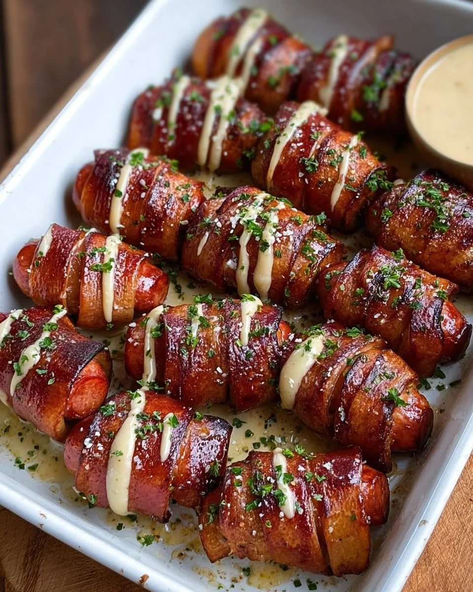 Mustard Hasselback Kielbasa Bites served on a plate with garnishes
