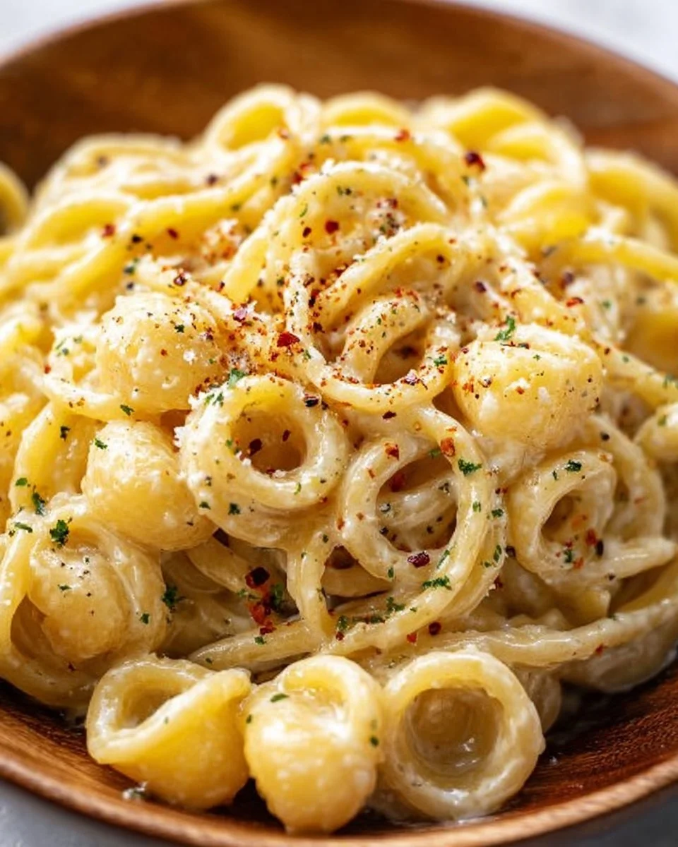 One Pot Garlic Butter Pasta dish with fresh herbs and parmesan cheese