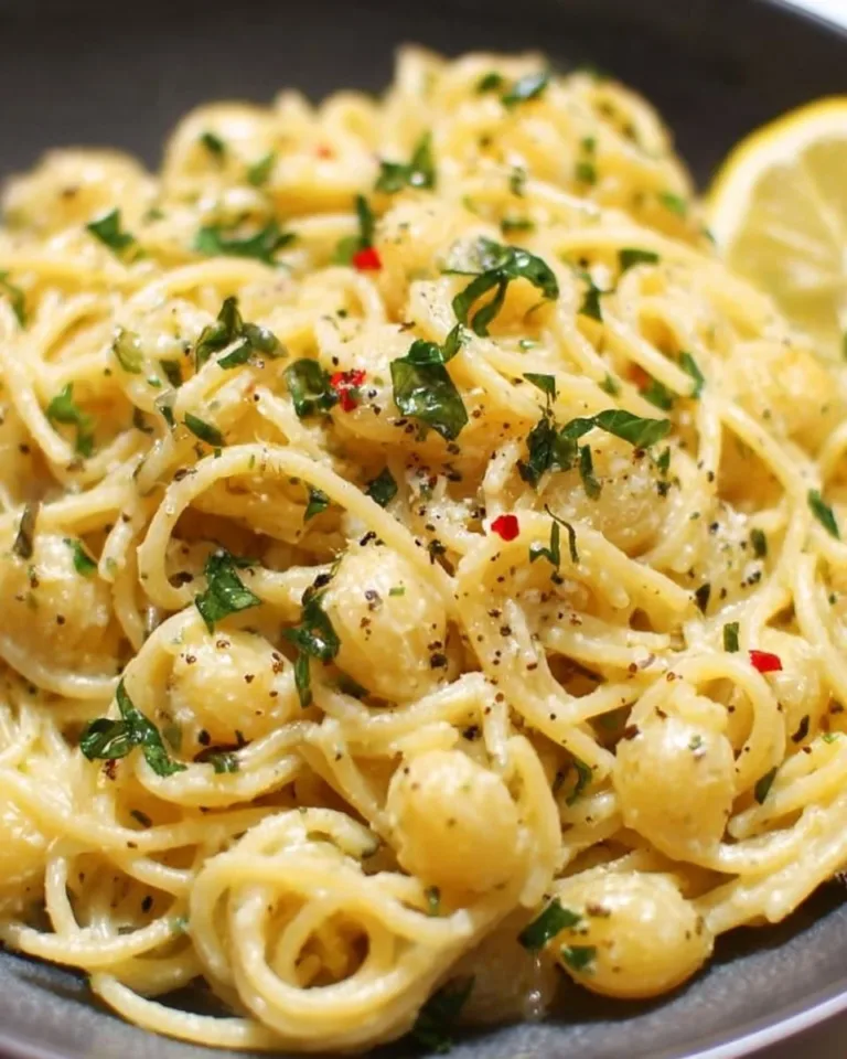 Delicious one pot garlic butter pasta with herbs and parmesan cheese.