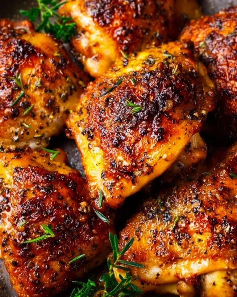 Oven baked chicken thighs served on a plate with vegetables