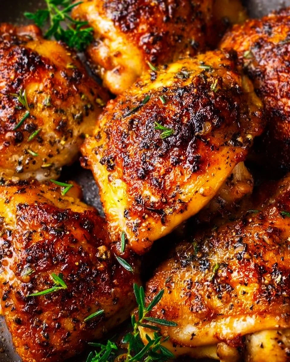 Oven baked chicken thighs served on a plate with vegetables