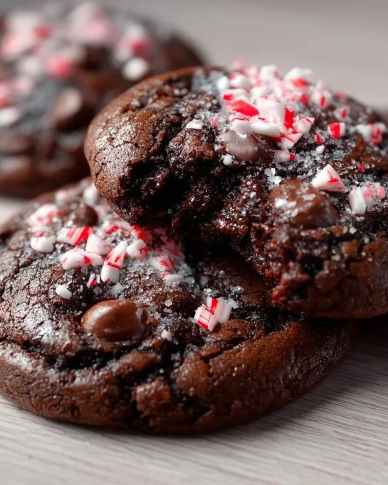 Delicious peppermint brownie cookies stacked on a plate with mint leaves.