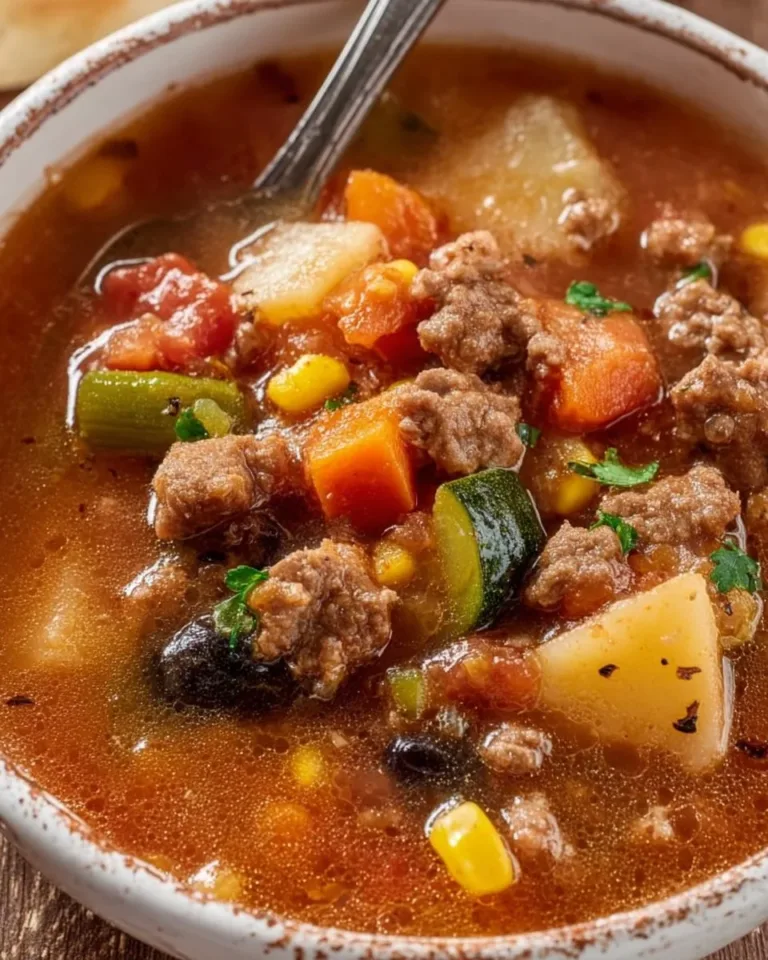Delicious homemade beef soup served in a bowl with fresh ingredients.