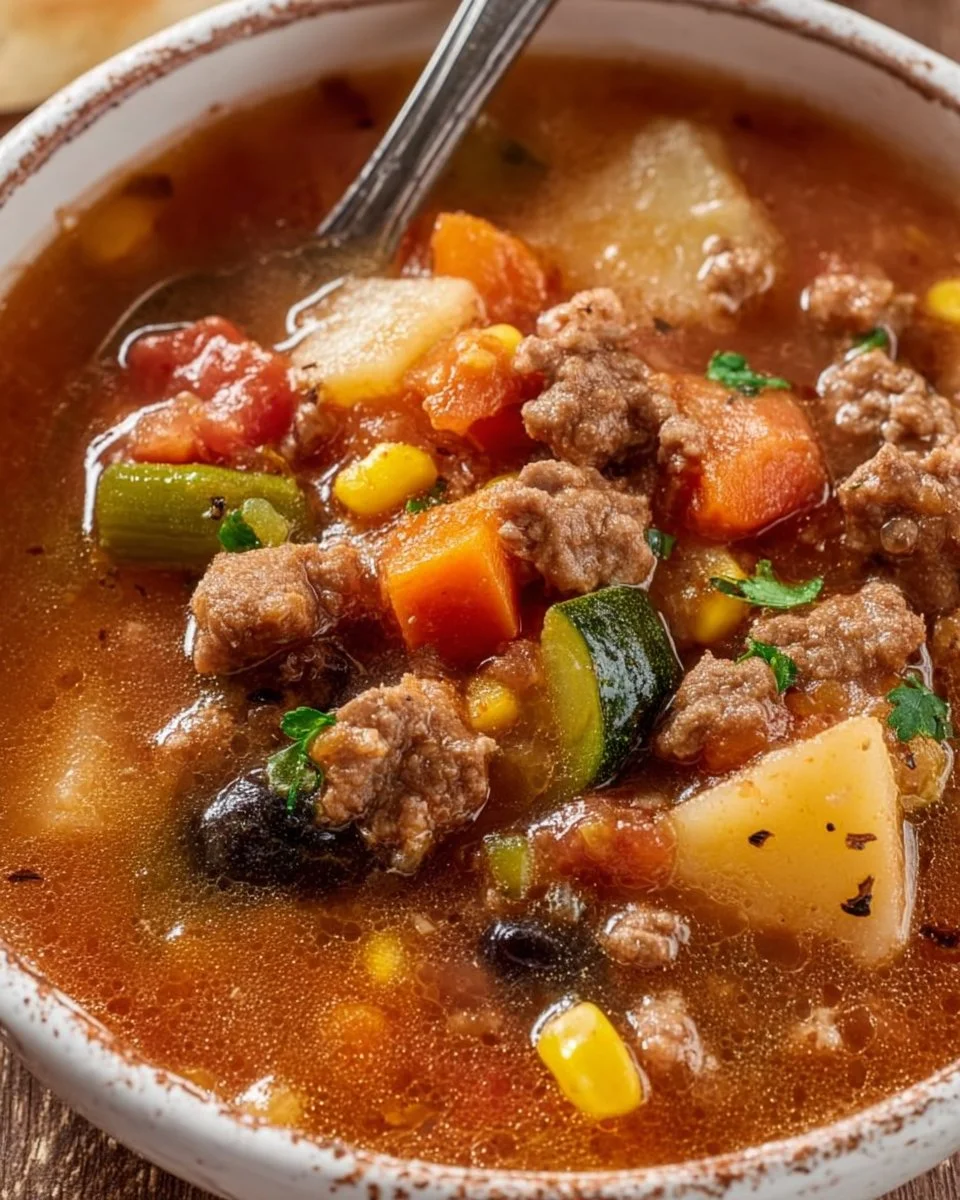 Delicious homemade beef soup served in a bowl with fresh ingredients.