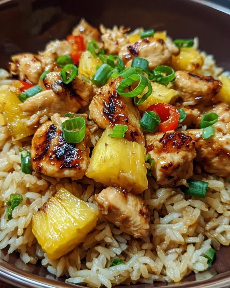 Delicious Pineapple Chicken served with fluffy rice on a plate