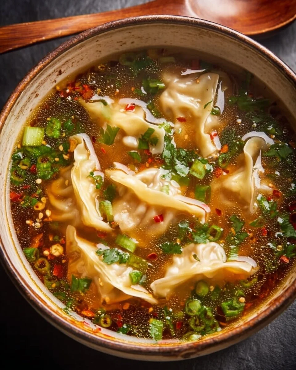 Bowl of potsticker soup with dumplings and vegetables in a flavorful broth.