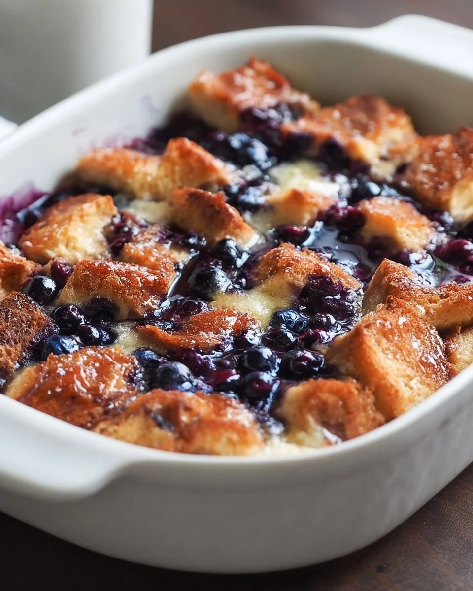 Delicious blueberry French toast casserole served in a baking dish