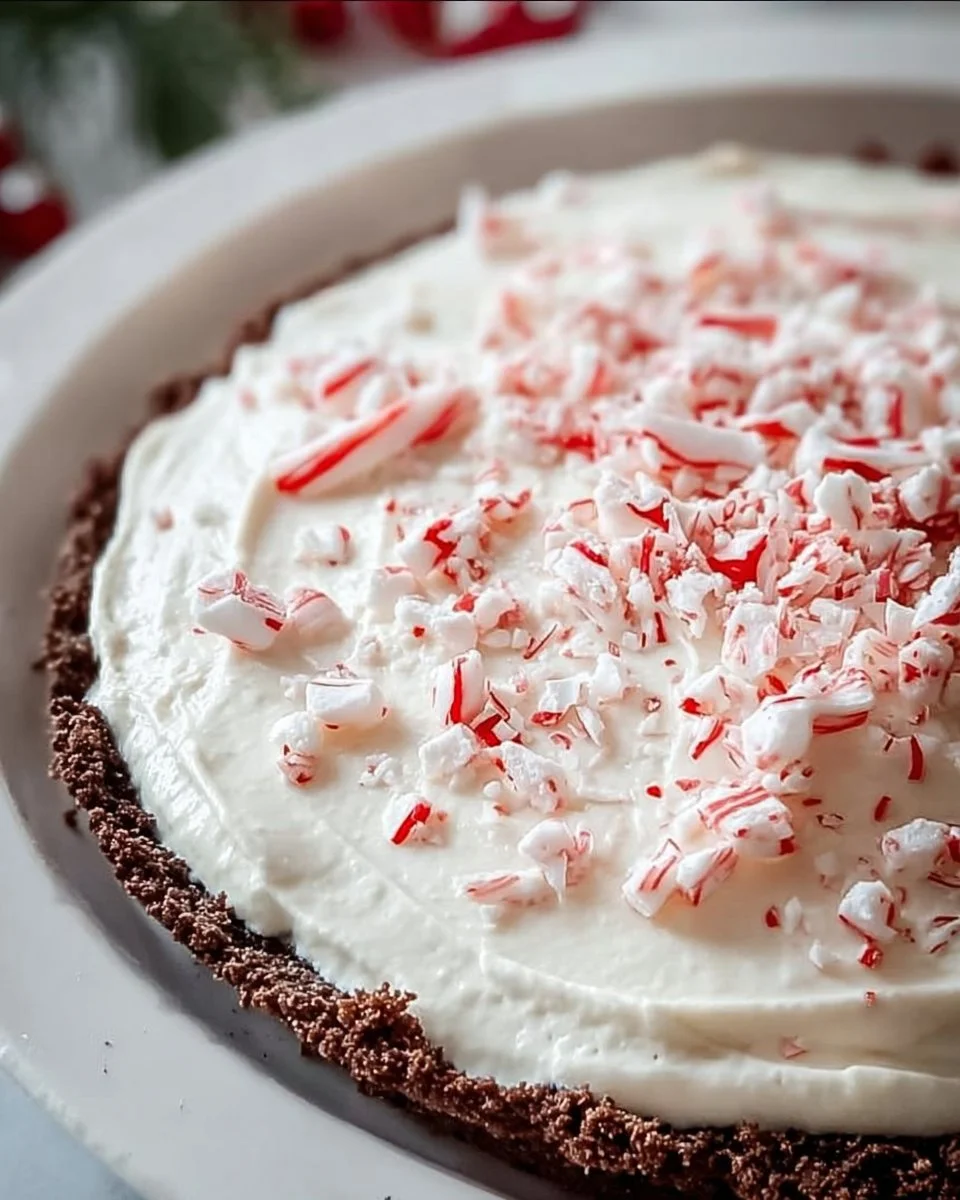 Quick Christmas Peppermint Pie topped with whipped cream and holiday sprinkles