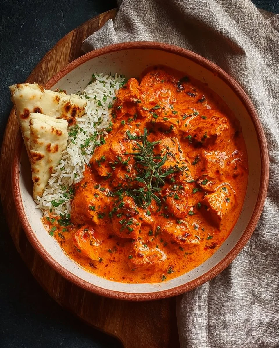 Delicious bowl of homemade butter chicken served with naan and rice