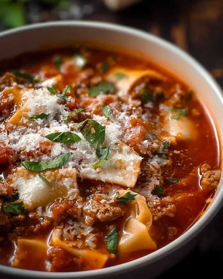 Delicious quick lasagna soup topped with cheese in a bowl