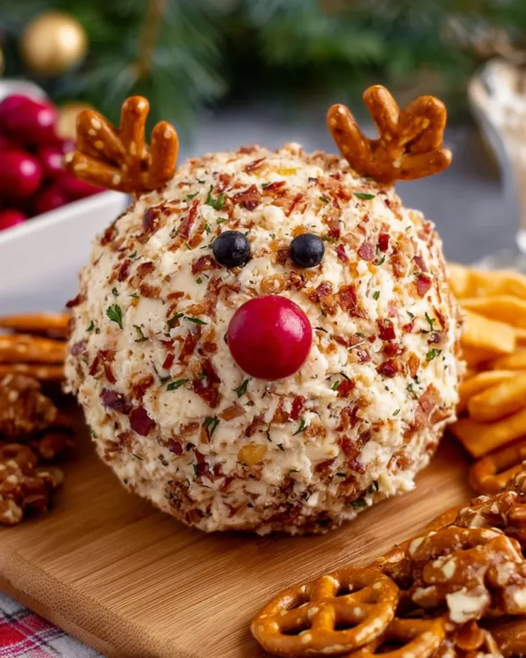 Festively decorated Reindeer Cheese Ball served on a plate with crackers.