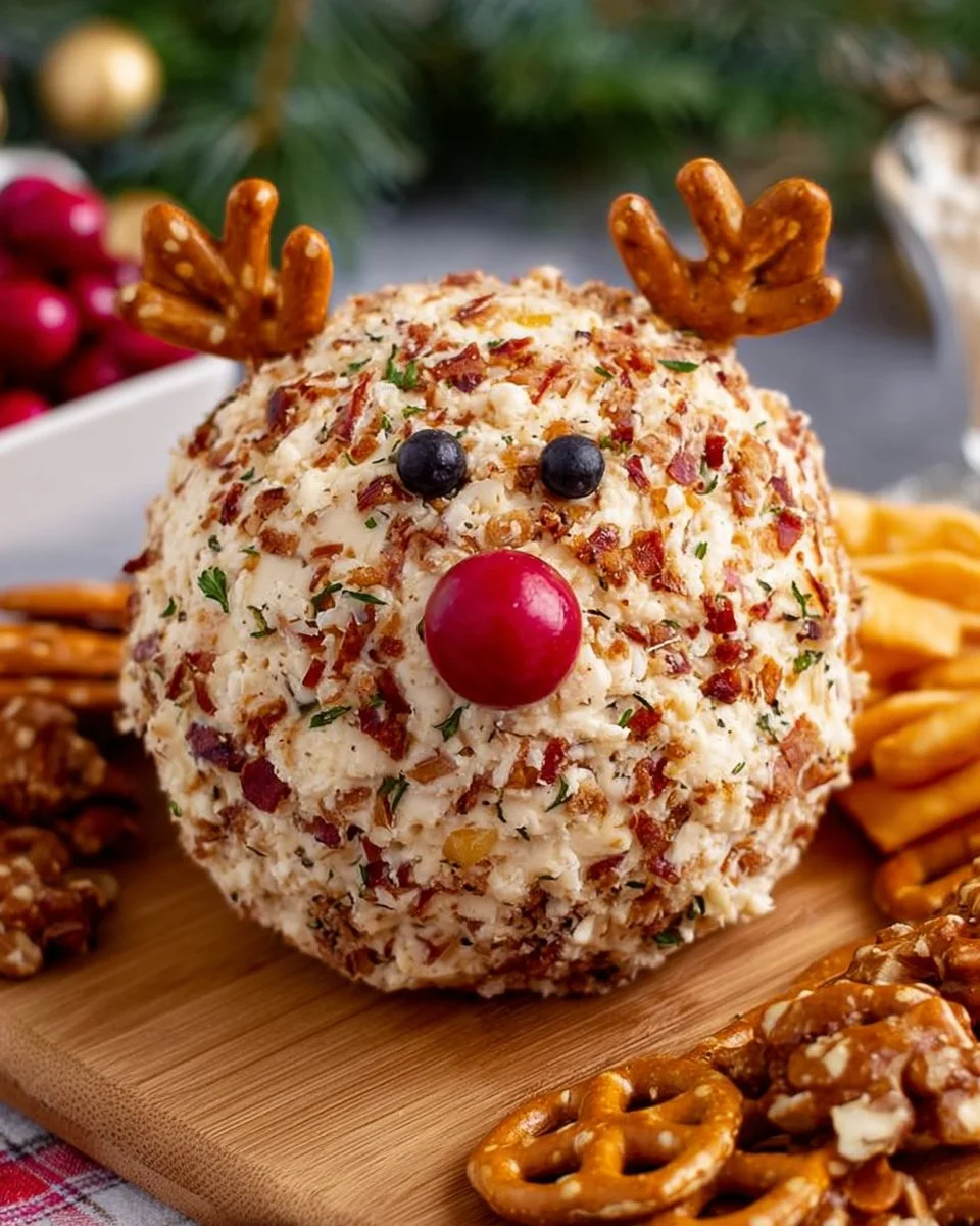 Festively decorated Reindeer Cheese Ball served on a plate with crackers.