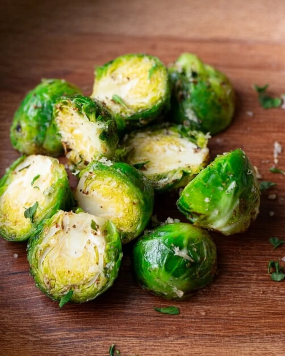 Delicious restaurant-style Brussels sprouts garnished and ready to serve.