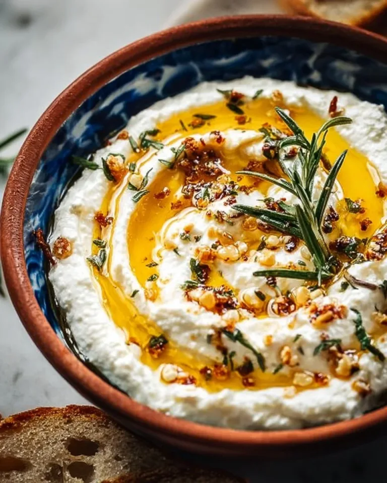 Ricotta dip with hot honey served in a bowl