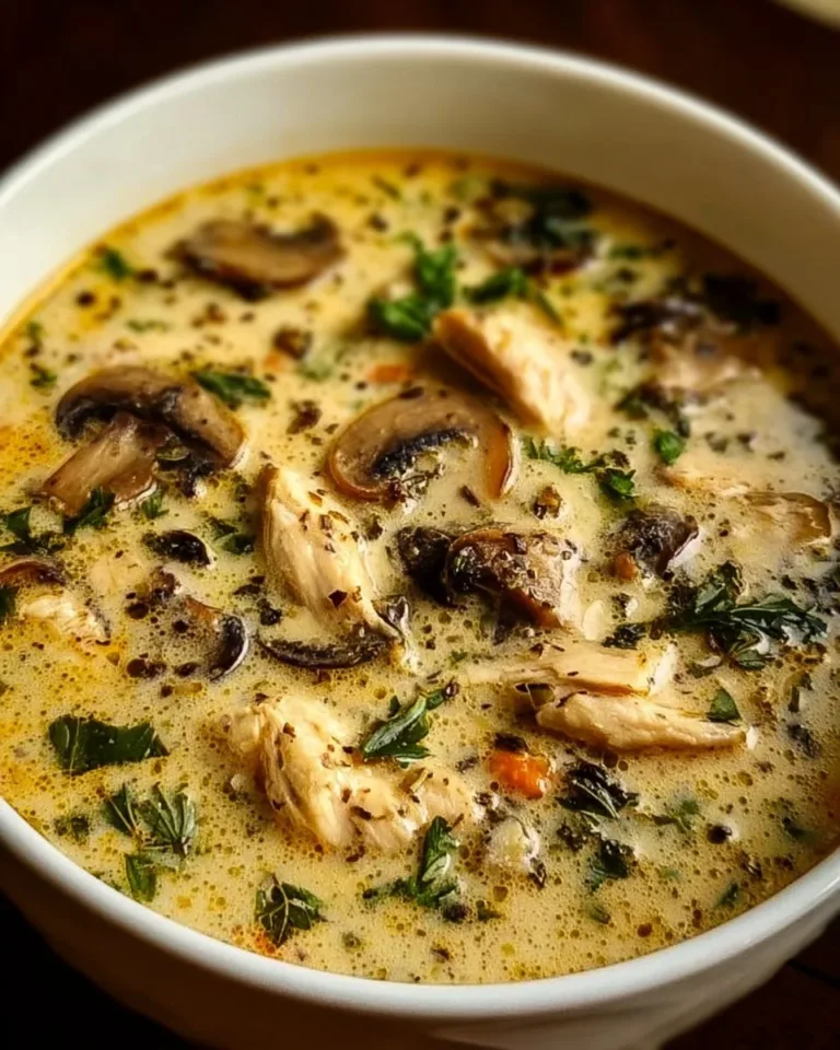 Bowl of rotisserie chicken mushroom soup garnished with fresh herbs