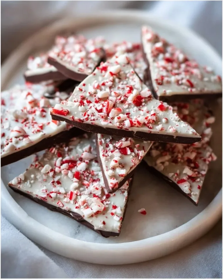 Delicious salted peppermint chocolate bark topped with crushed candy canes.