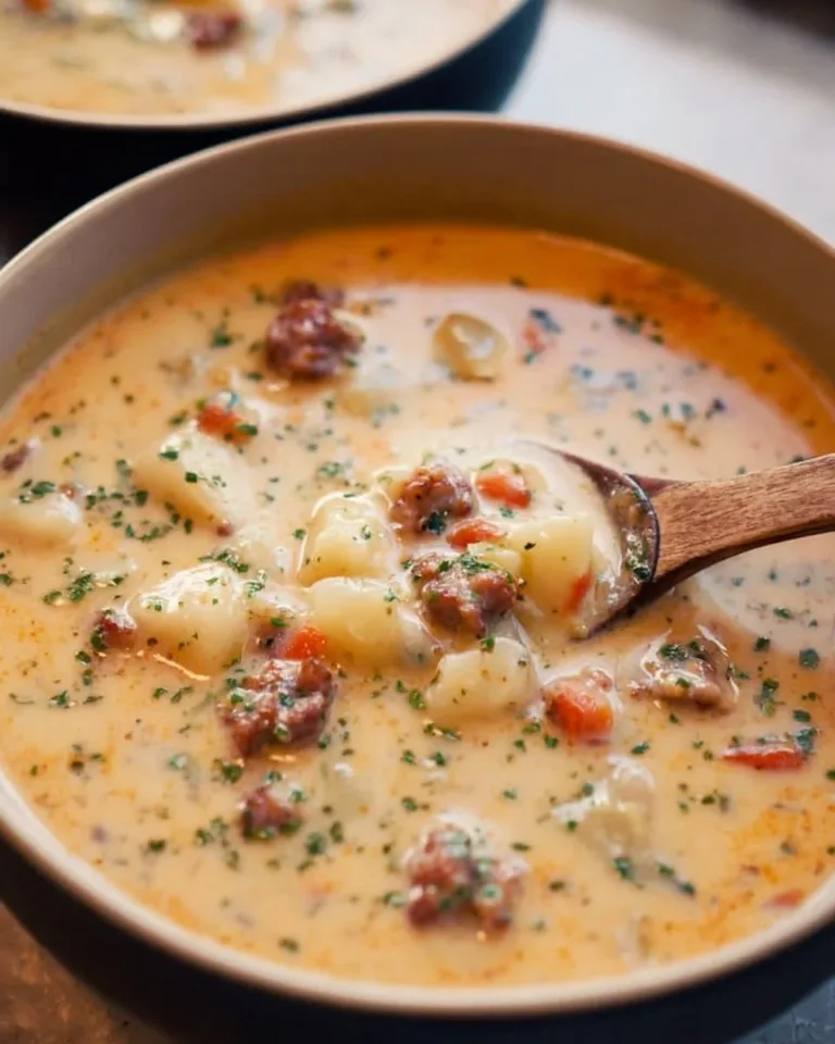Bowl of hearty sausage potato soup with delicious ingredients.