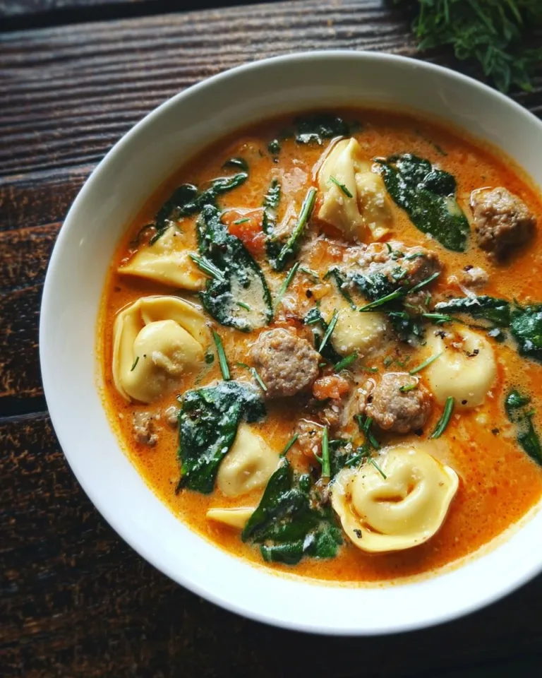 Bowl of Sausage Tortellini Soup with Spinach, garnished and steaming hot