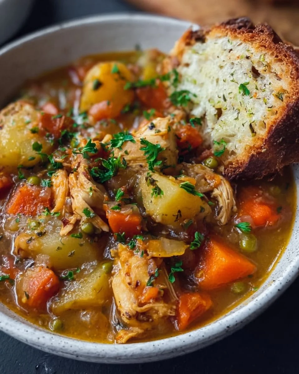 Bowl of hearty slow cooker chicken stew with vegetables