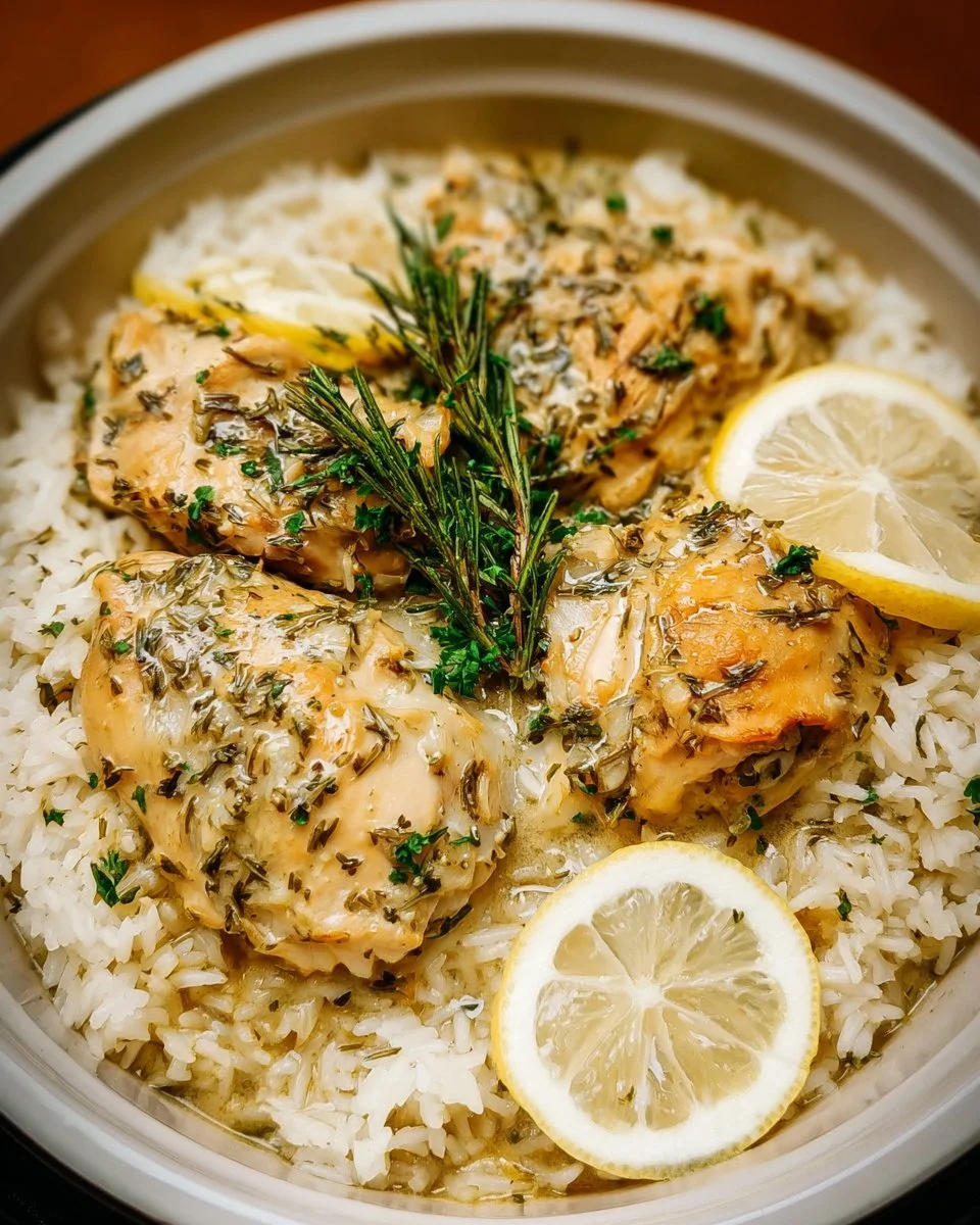 Slow Cooker Lemon Herb Chicken served with fluffy rice in a bowl