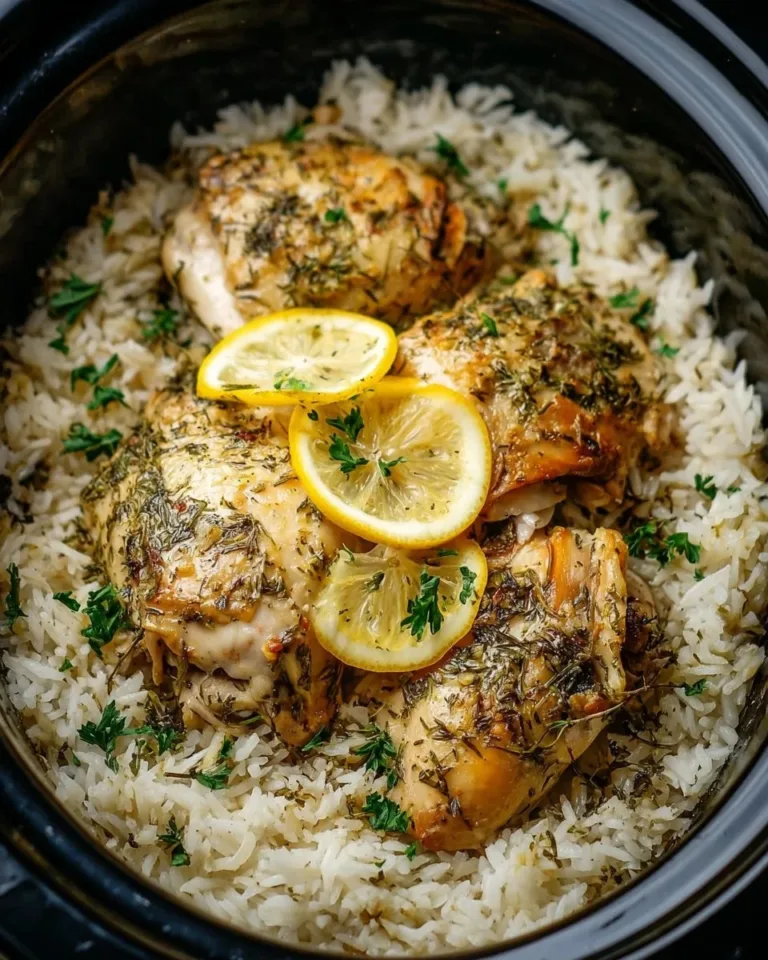 Slow Cooker Lemon Herb Chicken served with Fluffy Rice