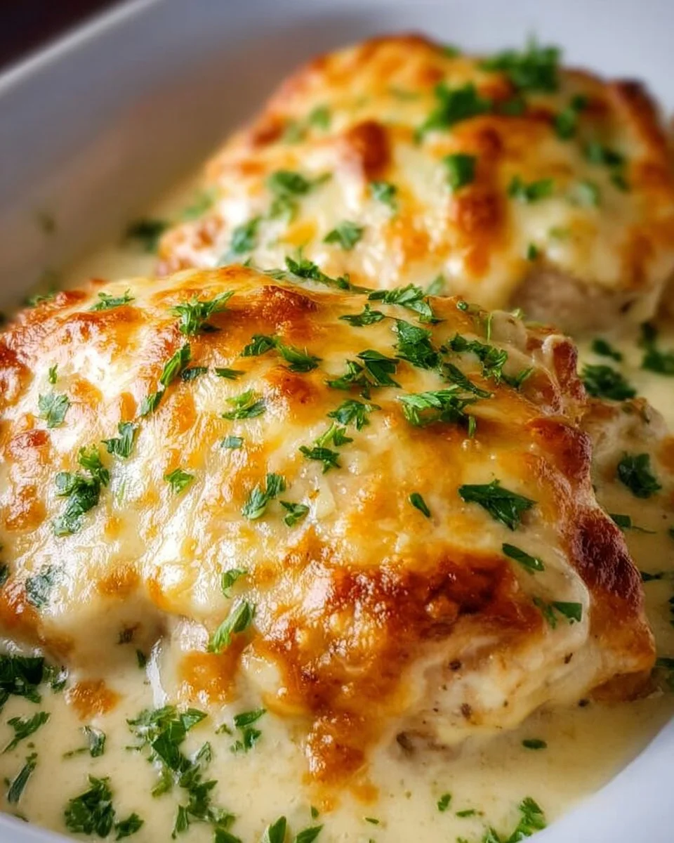 Delicious smothered cheesy sour cream chicken on a plate ready to serve