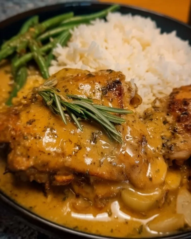 Delicious smothered chicken served with creamy sauce and garnished with herbs.