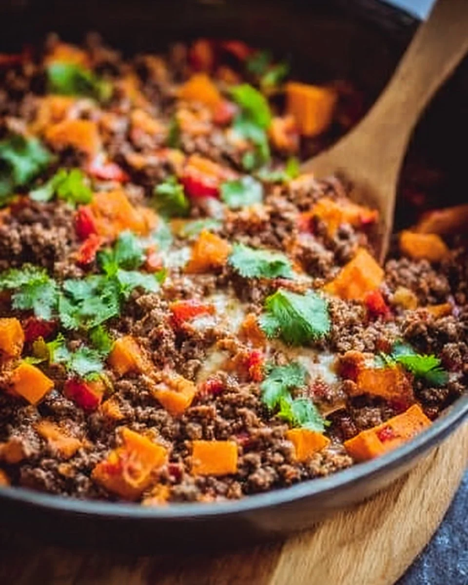Southwest ground beef skillet with sweet potatoes in a pan