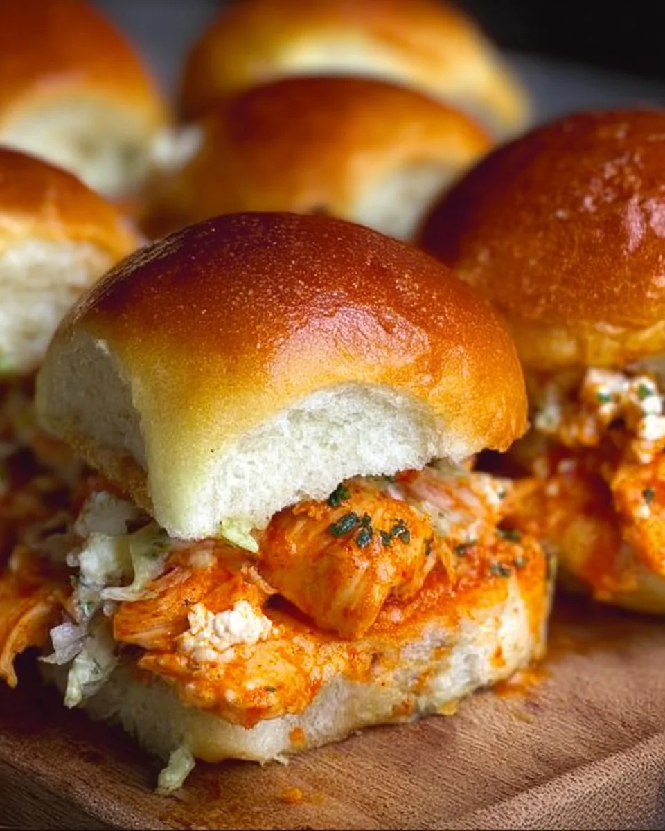 Spicy Buffalo Chicken Sliders garnished with lettuce and sauce