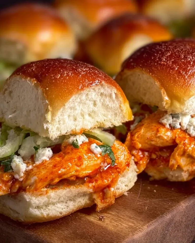 Spicy Buffalo chicken sliders served on a platter with dipping sauce