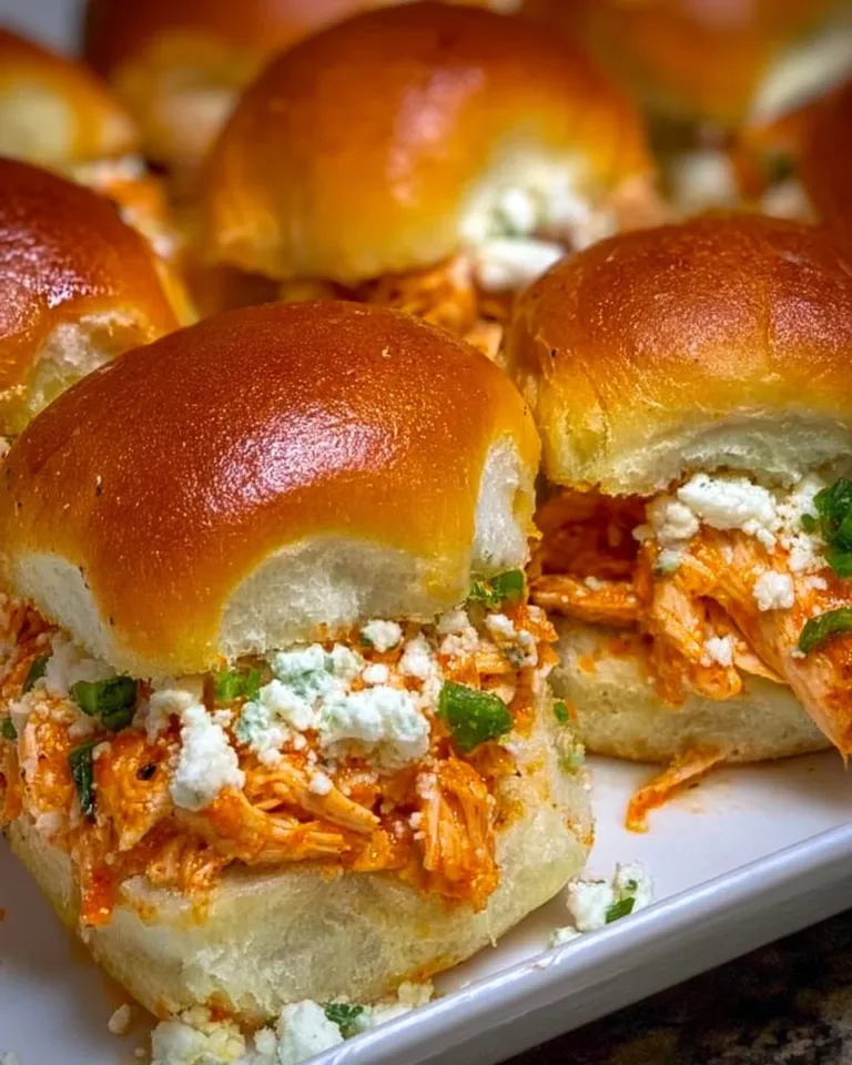 Spicy Buffalo chicken sliders served on a platter with dipping sauce