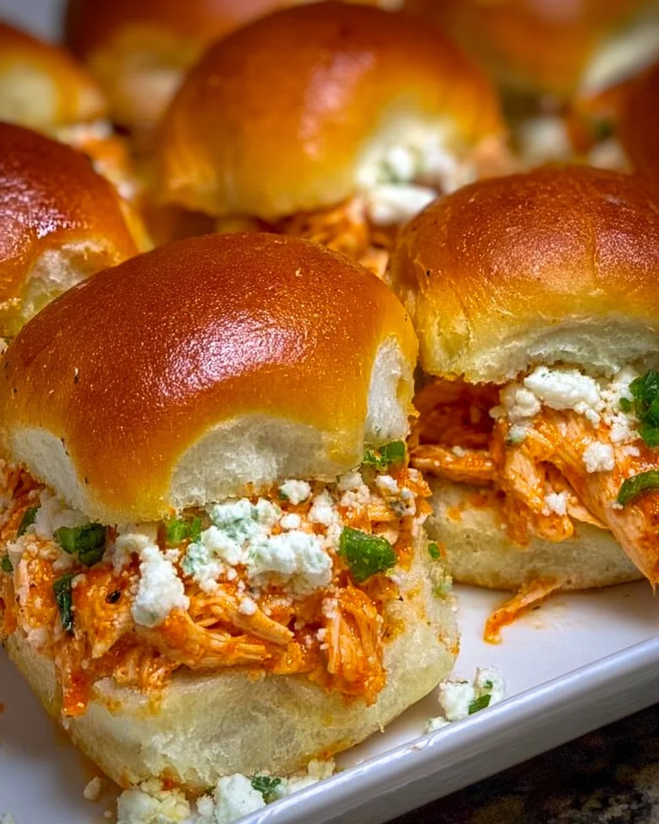Spicy Buffalo chicken sliders served on a platter with dipping sauce