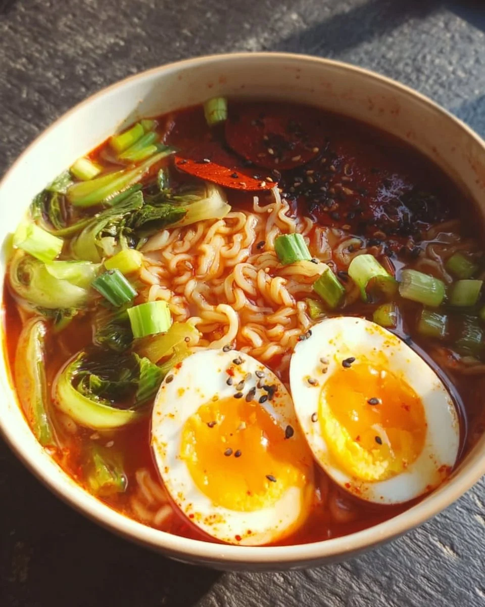 Spicy Gochujang Noodle Soup served in a bowl with garnishes
