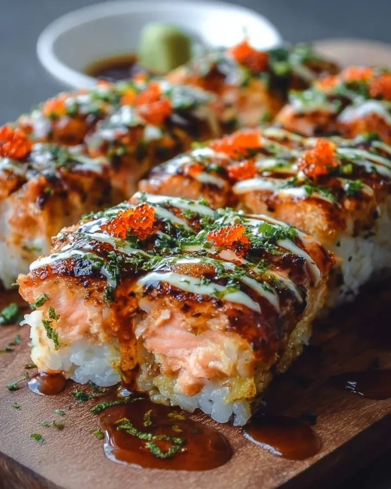 Spicy Salmon Sushi Bake topped with creamy sauce and garnished with green onions