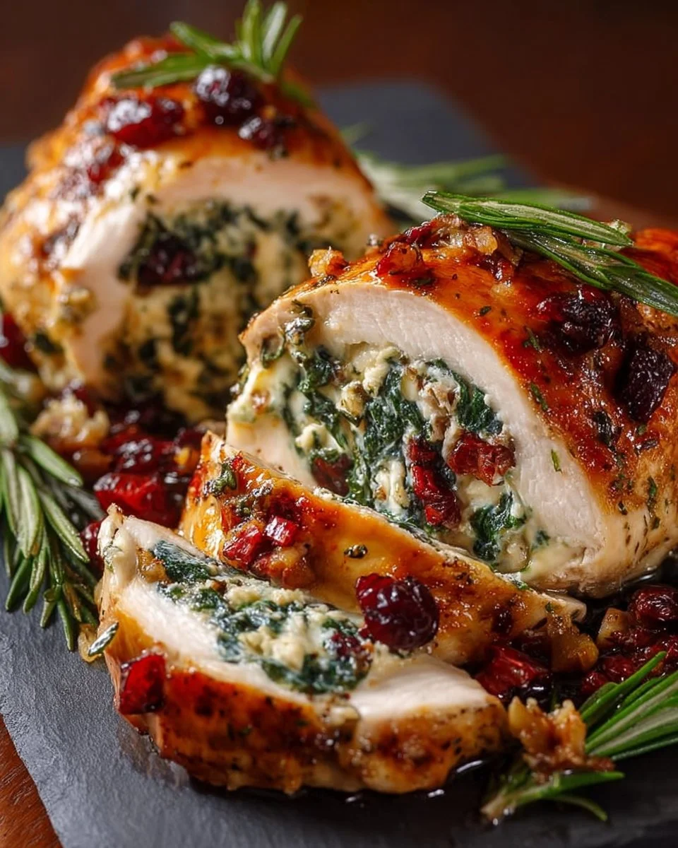 Savory spinach and cranberry stuffed chicken breasts ready to serve