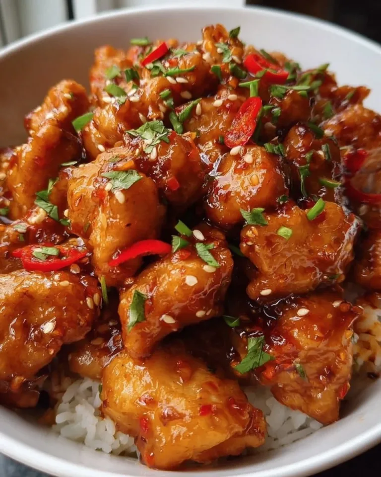 Plate of sweet chili chicken garnished with vegetables