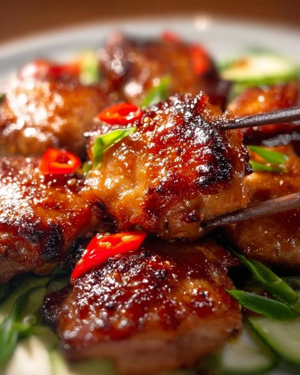 Sweet chili glazed chicken thighs on a plate, garnished with green onions.
