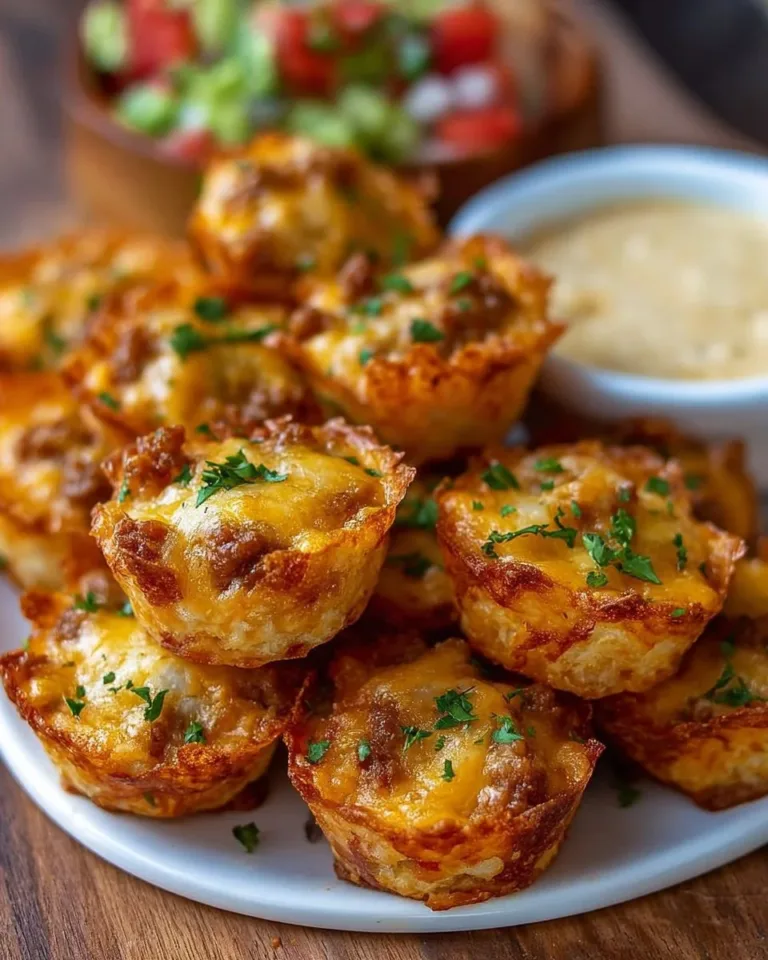 Plate of savory Taco Ranch Bites with toppings and dips. Perfect party snack.