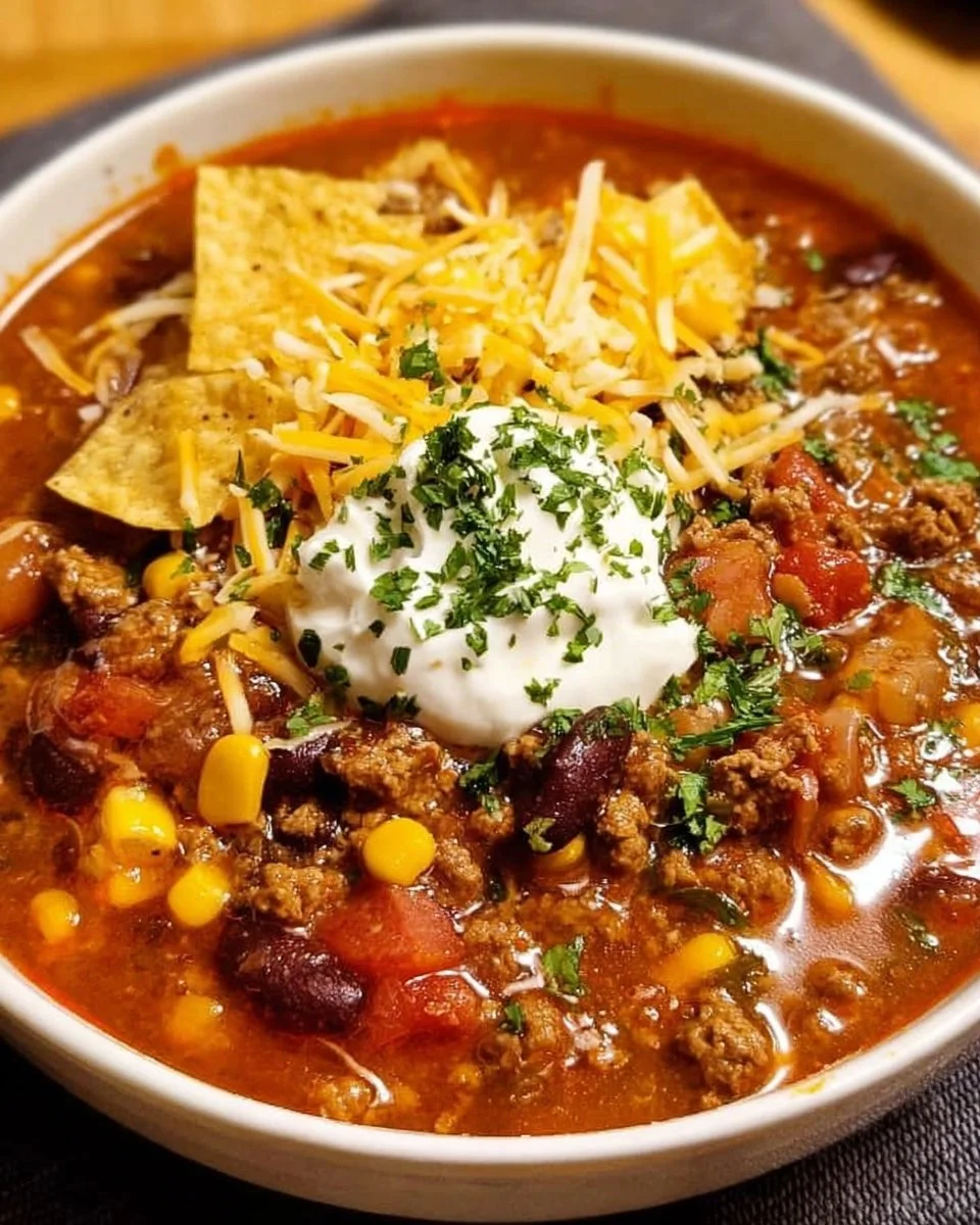A warm bowl of Taco Soup topped with cheese and cilantro, served with tortilla chips.